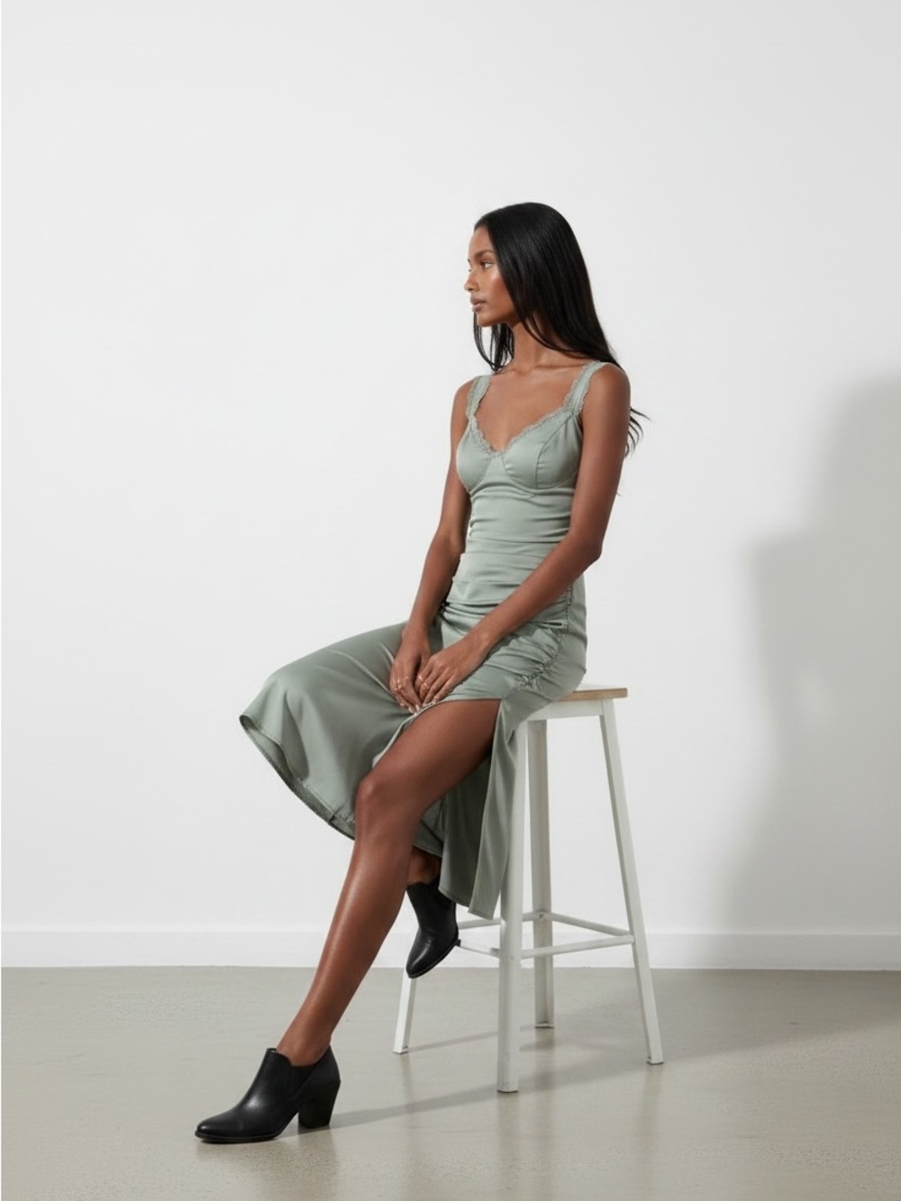 Astr Lace-Trim Satin Ruched Midi Dress in Sage Green - Picture 2 of 9